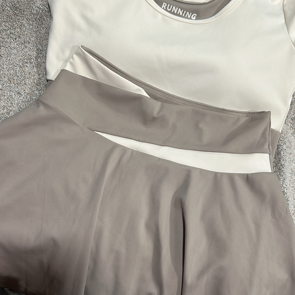White and light brown Running Top and Skirt Set